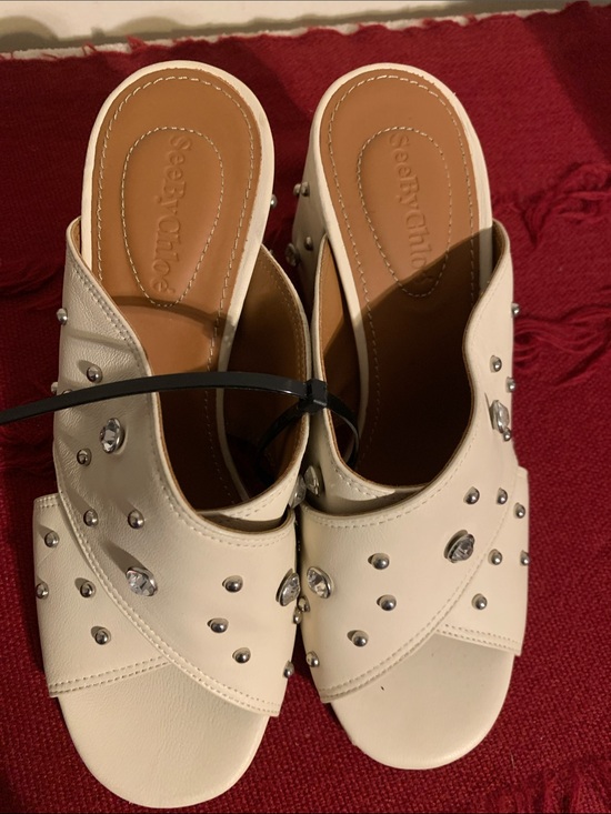 See By Chloe Shoes - See By Chloé Cream Leather Studded Slide Mules